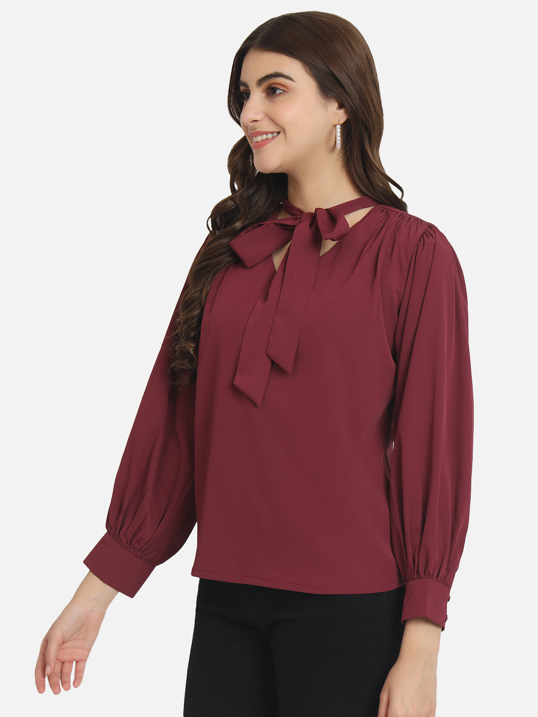 Maroon Solid Tie-Up Neck Top for Women