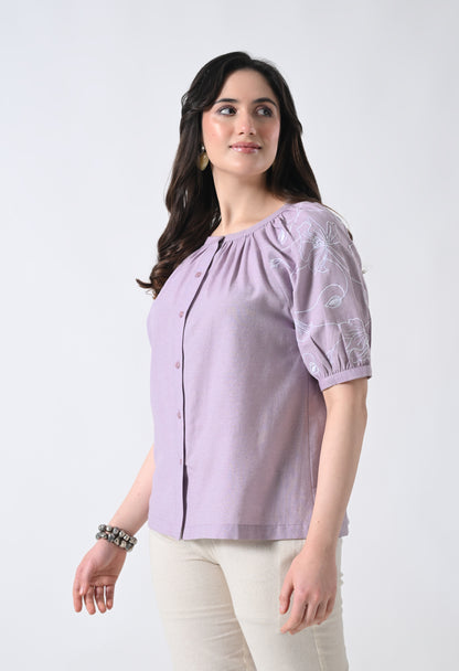 Light Purple Embroidered Half Sleeve Top for Women