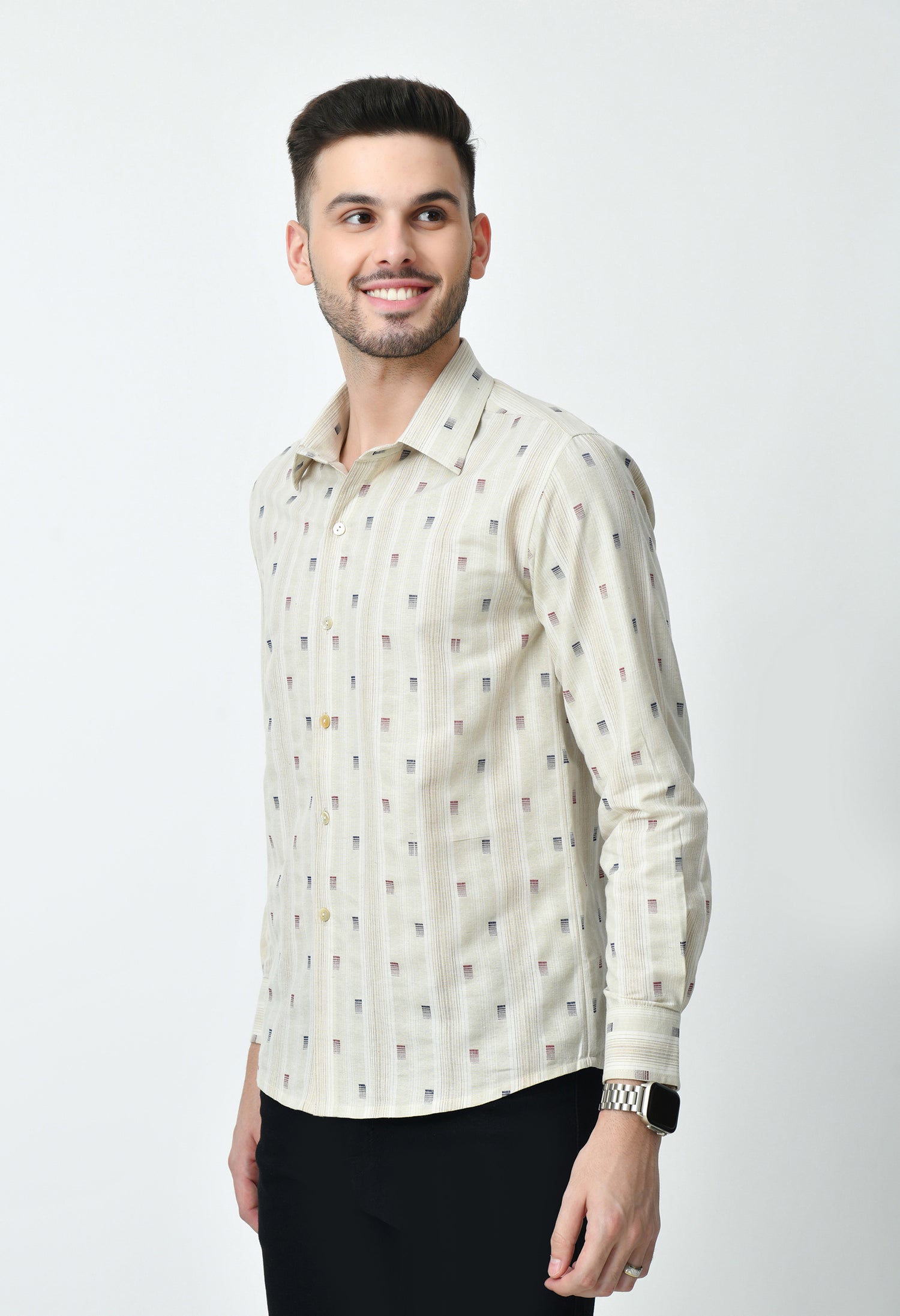 Beige Printed Full Cuff Sleeve Cotton Blend Shirt for Men