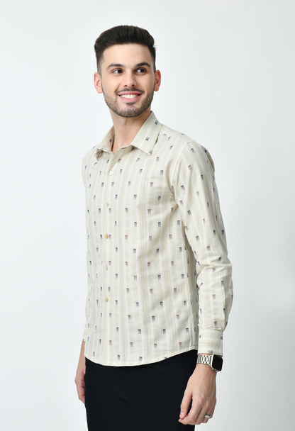 Beige Printed Full Cuff Sleeve Cotton Blend Shirt for Men