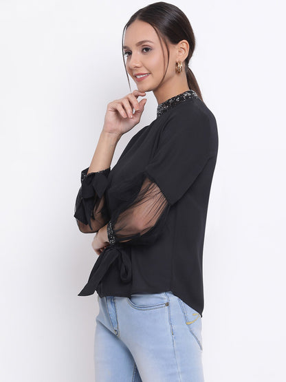 Black Embellished Neck Top for Women