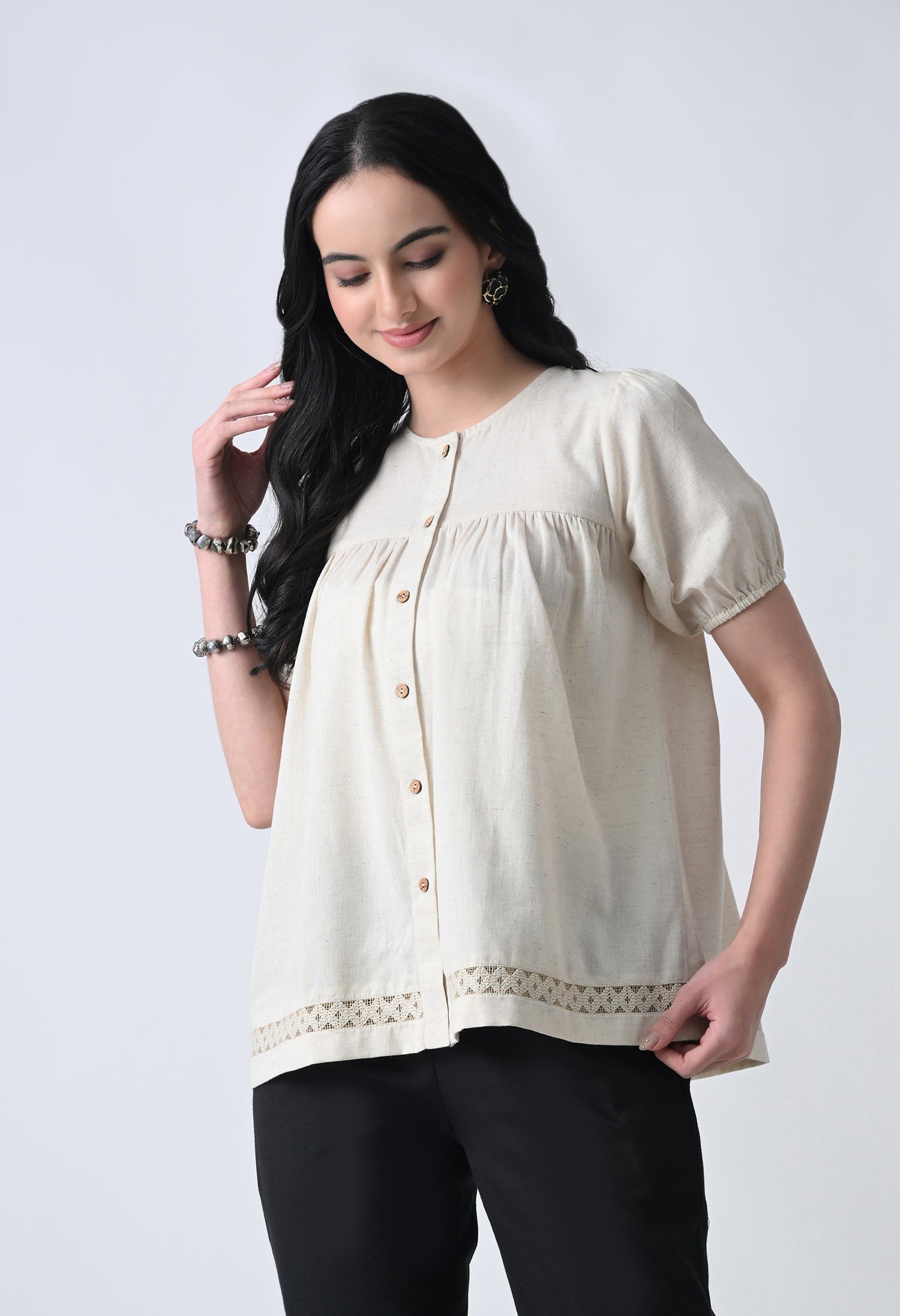 Cream Solid Half Sleeve Shirt Style Top for Women