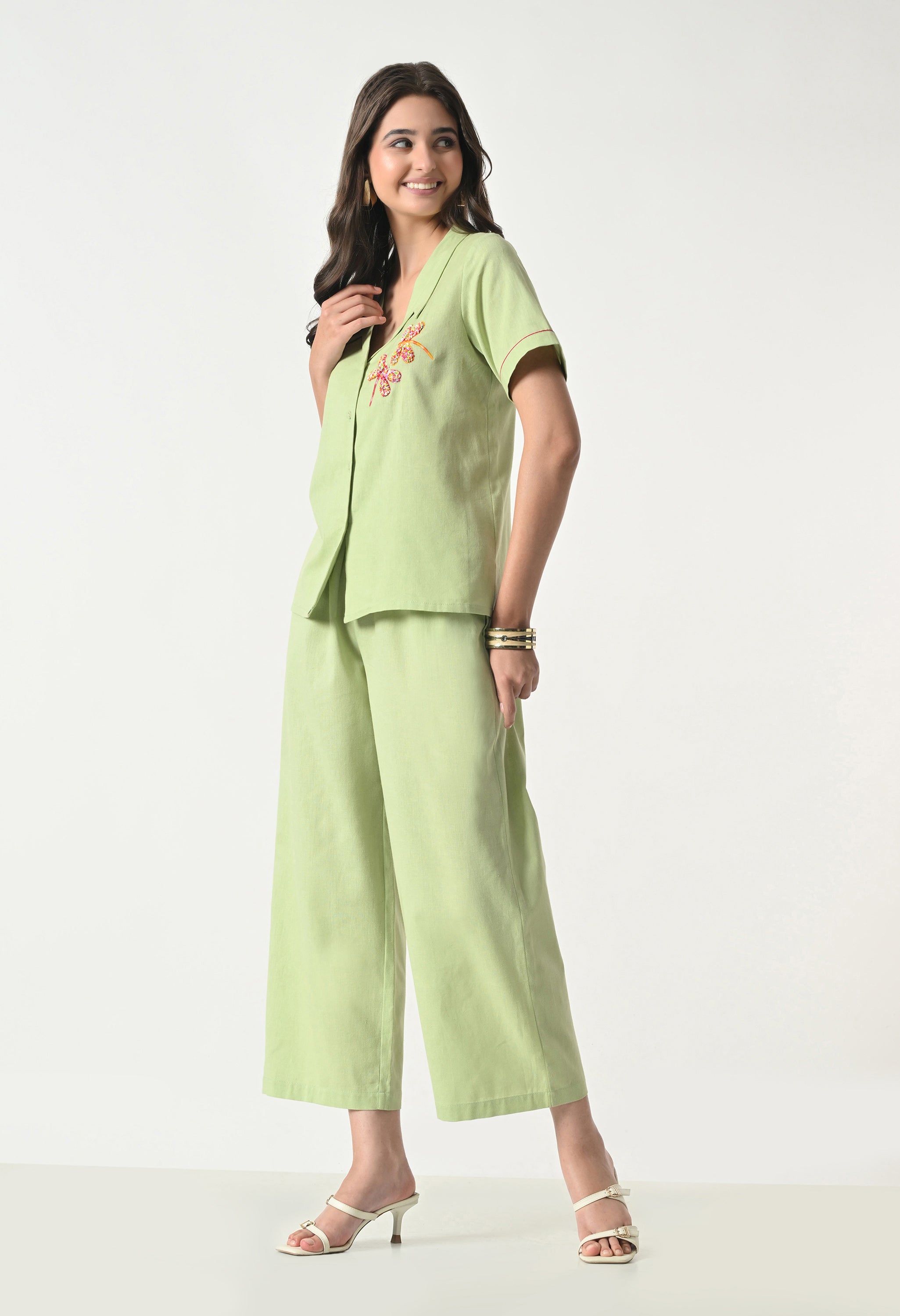 Women’s Green Floral Embroidery Half Sleeve Top &amp; Palazzo Co-Ord Set