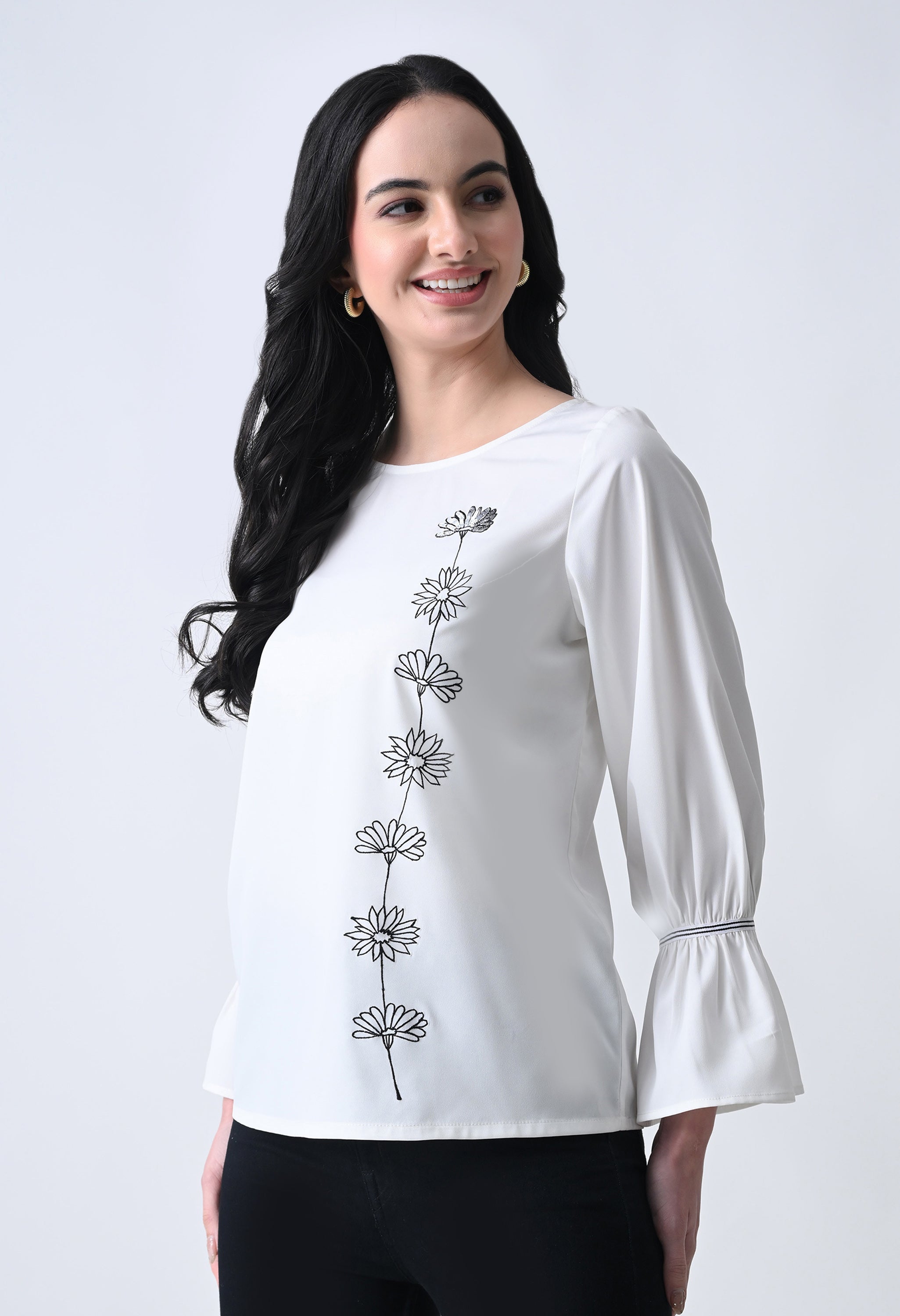 Embroidered Bell Sleeve Top for Women