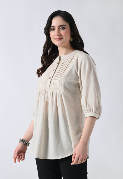 Cream Solid Elbow Sleeve Top for Women