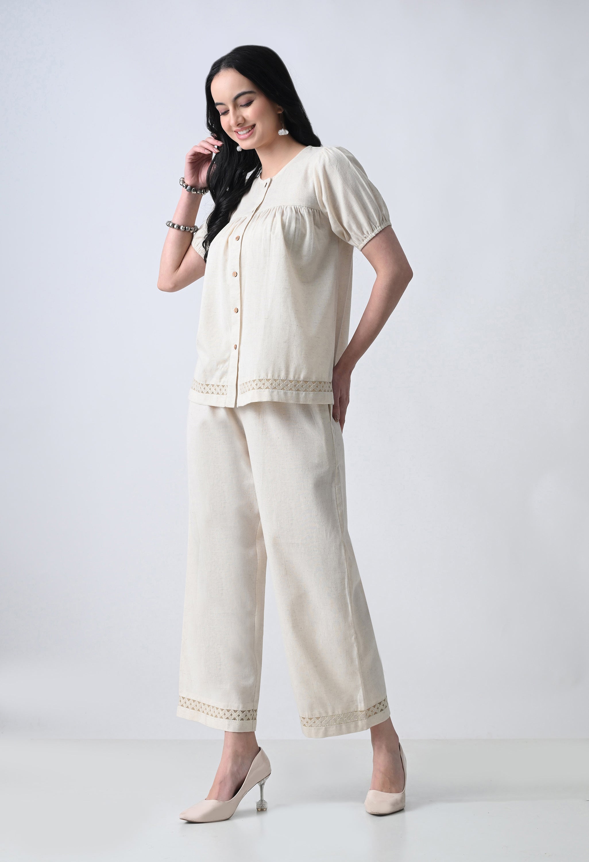 Women’s Cream Half Sleeve Top &amp; Palazzo Co-Ord Set