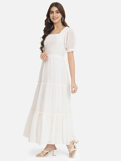 Cream Swiss Dot Half Sleeve Ankle Length Dress for Women