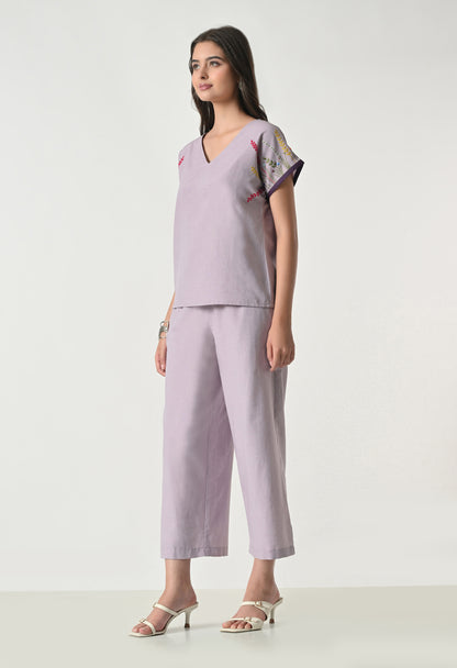 Women’s Purple Floral Embroidery Half Sleeve Top &amp; Palazzo Co-Ord Set