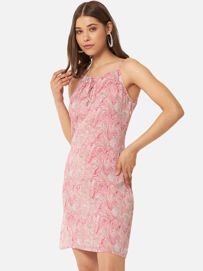 Pink White Tie-Dye Printed Sleeveless Dress for Women
