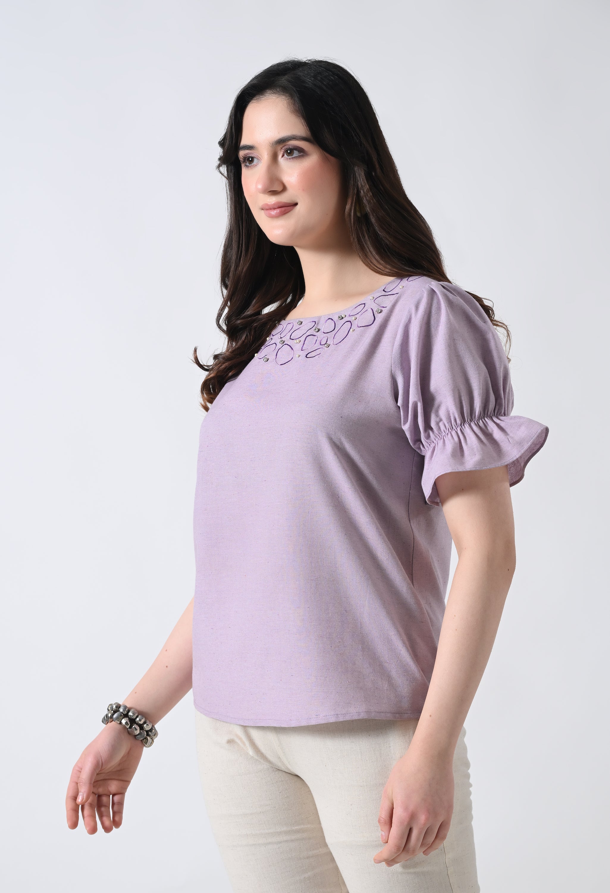 Light Purple Embroidered Half Sleeve Top for Women