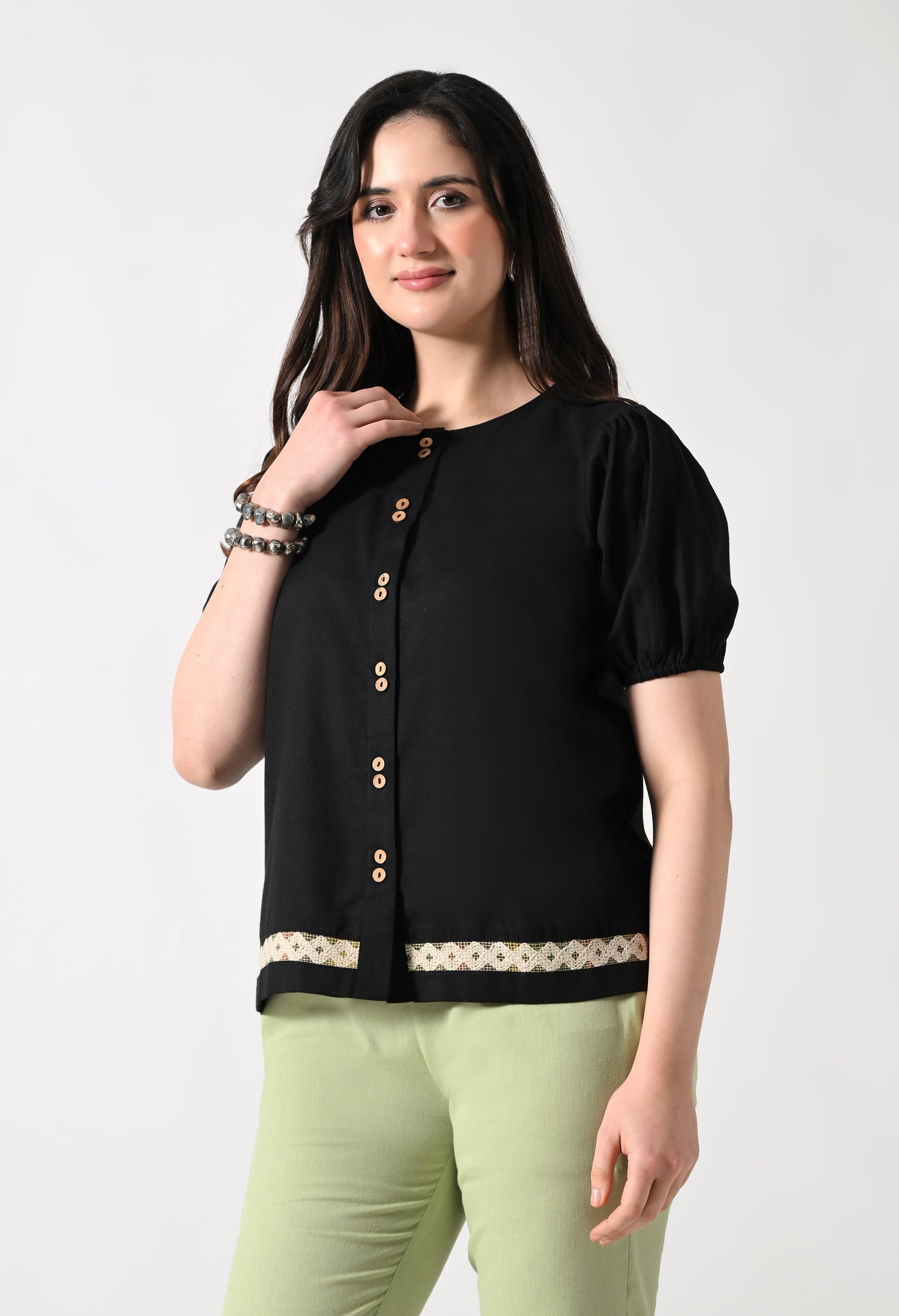 Black Solid Shirt Style Top for Women