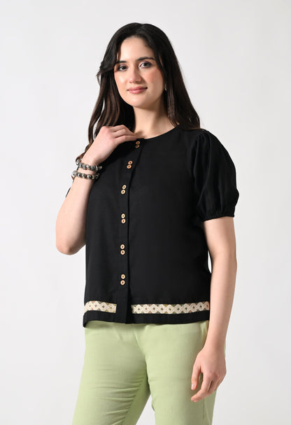 Black Solid Shirt Style Top for Women