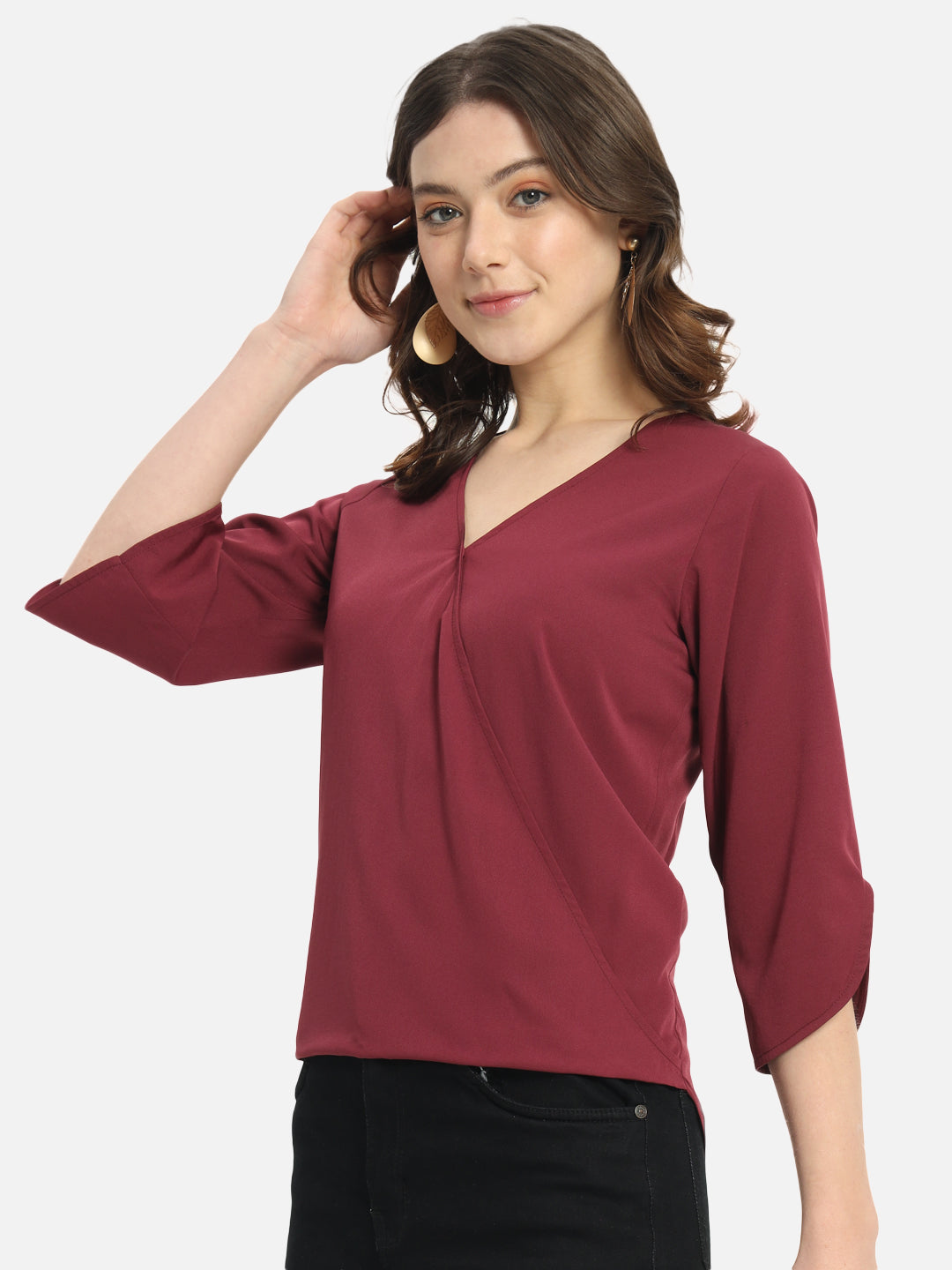 Solid Maroon V-Neck Top for Women