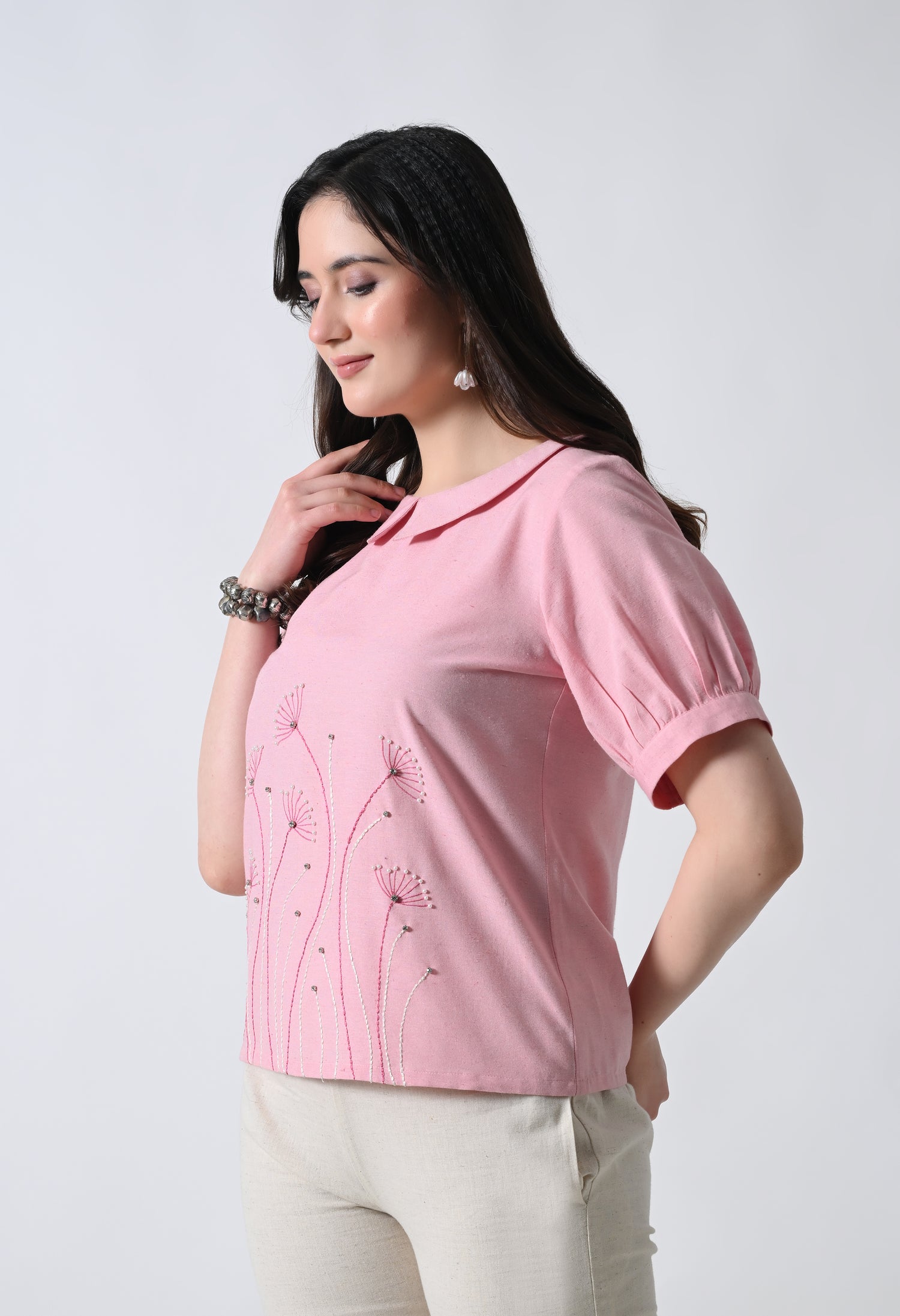Pink Floral Embroidered Half Sleeve Top for Women