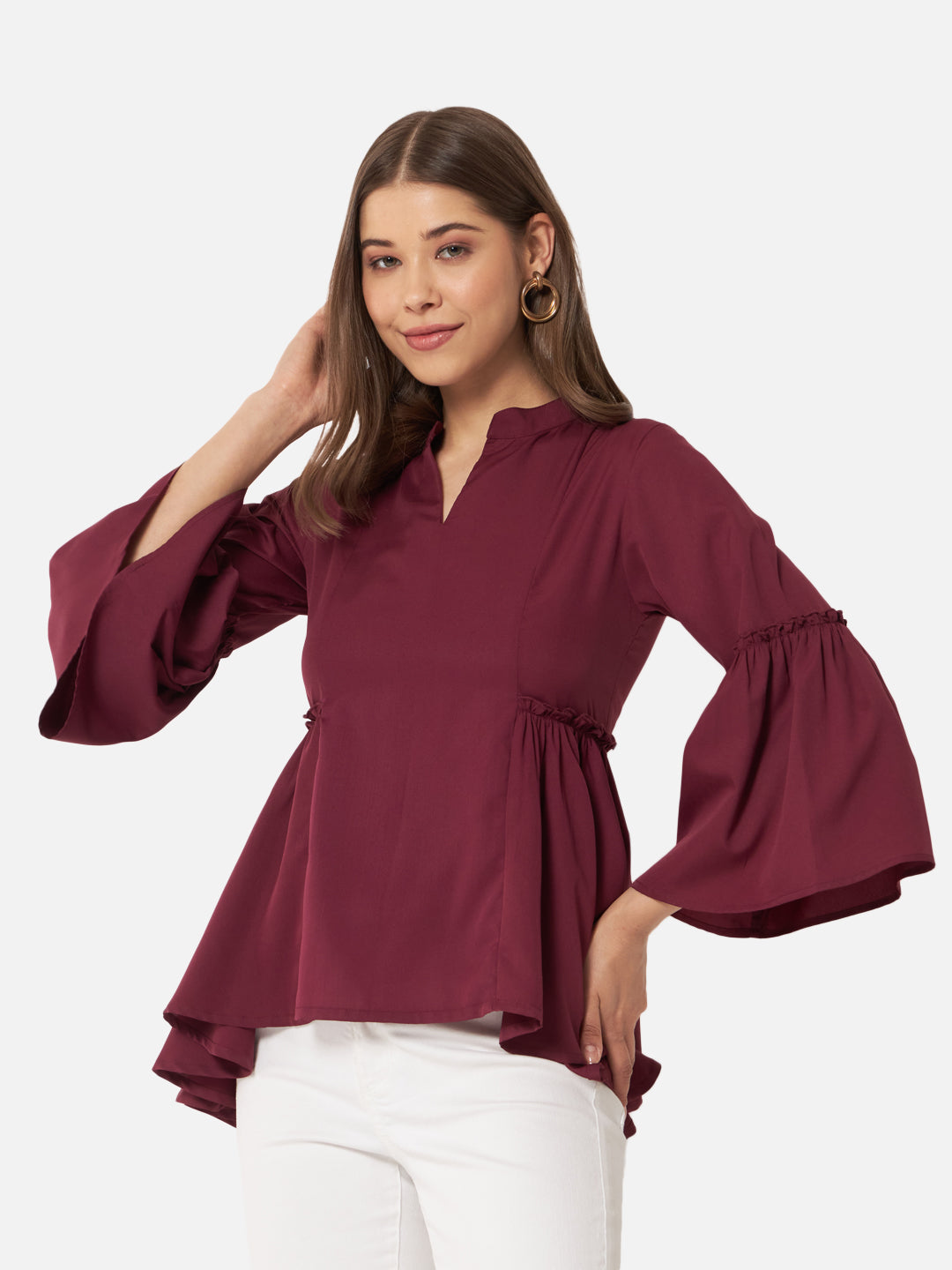 Maroon Solid Bell Sleeve Top for Women