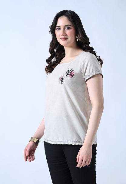Cream Embroidered Half Sleeve Top for Women