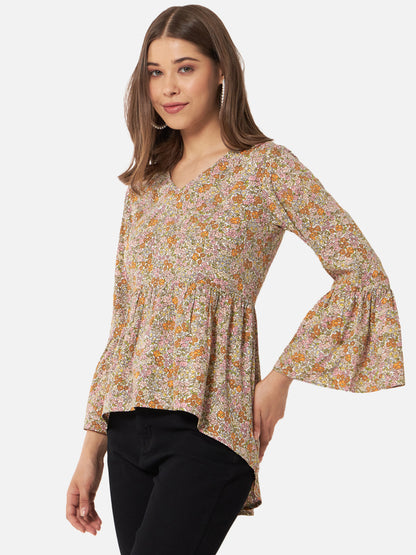 Beige Floral V-Neck Top for Women