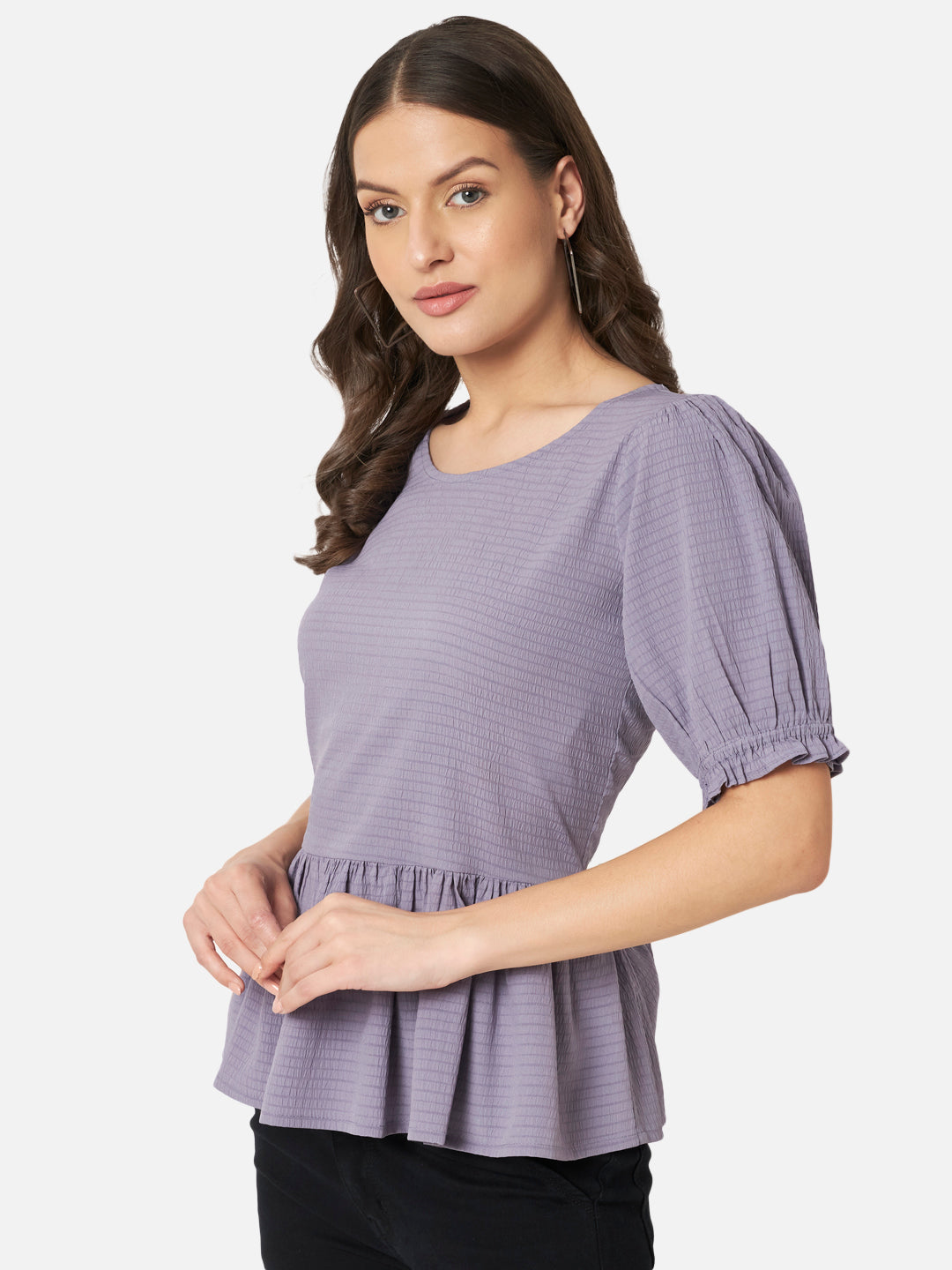 Purple Solid Round Neck Top for Women