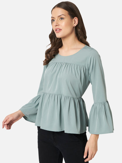 Light Green Solid Round Neck Top for Women