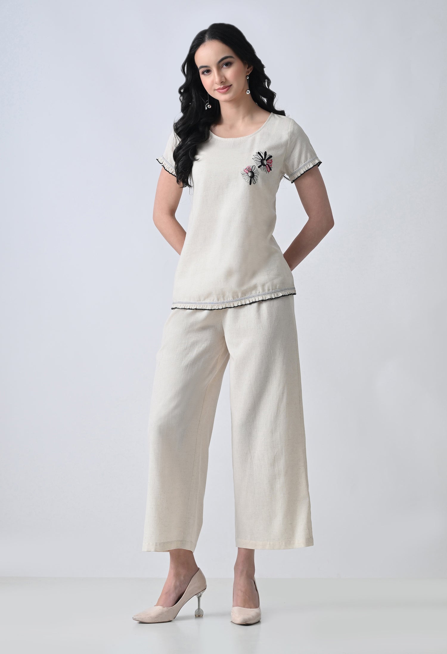 Women’s Cream Floral Embroidery Half Sleeve Top &amp; Palazzo Co-Ord Set