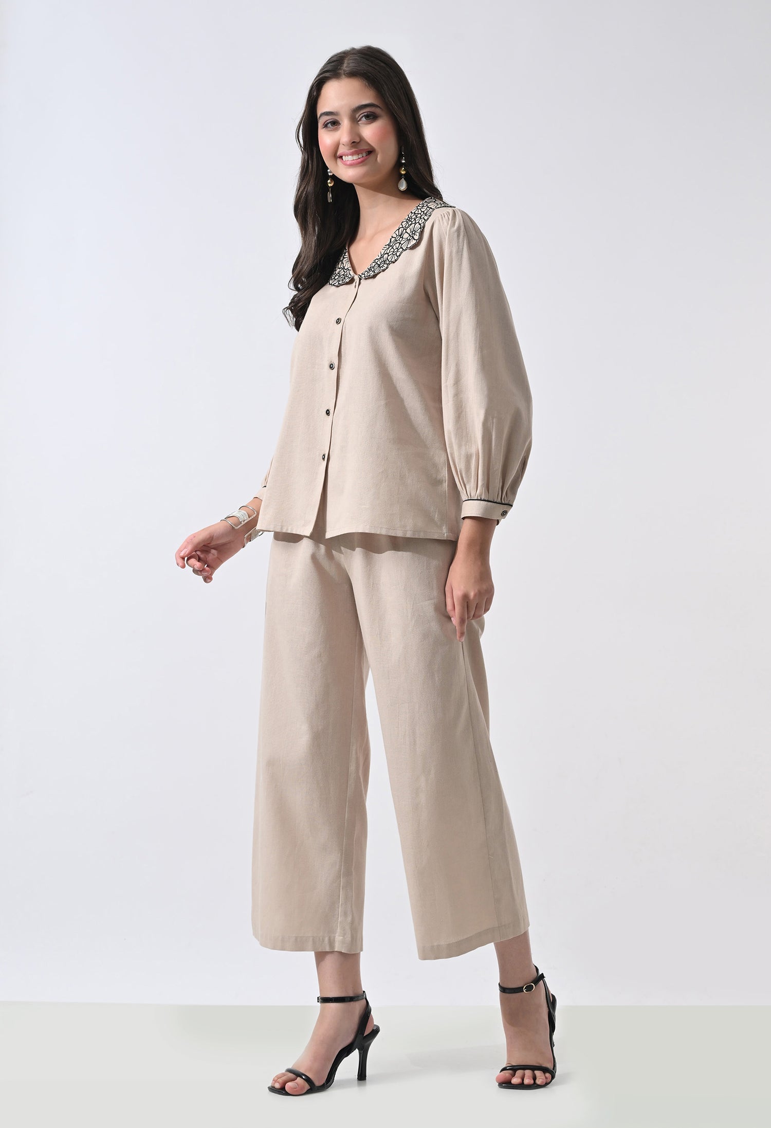 Women’s Beige Floral Embroidery Full Sleeve Top &amp; Palazzo Co-Ord Set