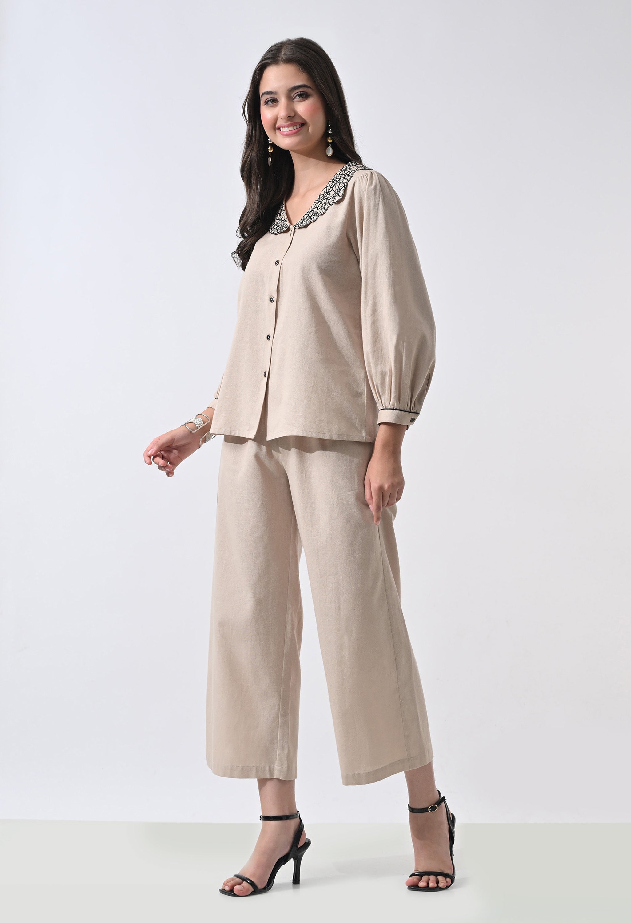Women’s Beige Floral Embroidery Full Sleeve Top &amp; Palazzo Co-Ord Set