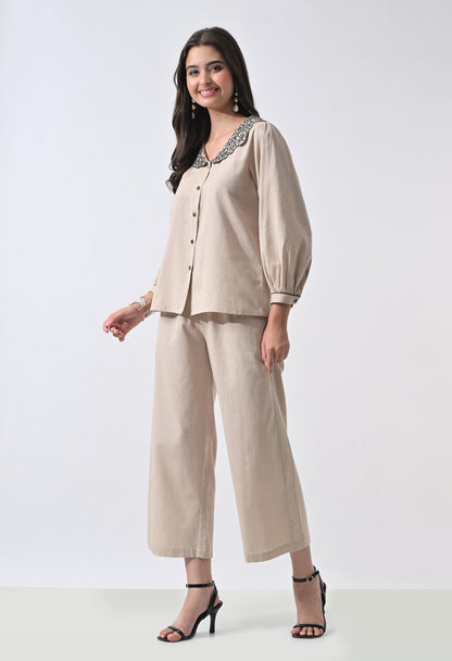Women’s Beige Floral Embroidery Full Sleeve Top &amp; Palazzo Co-Ord Set