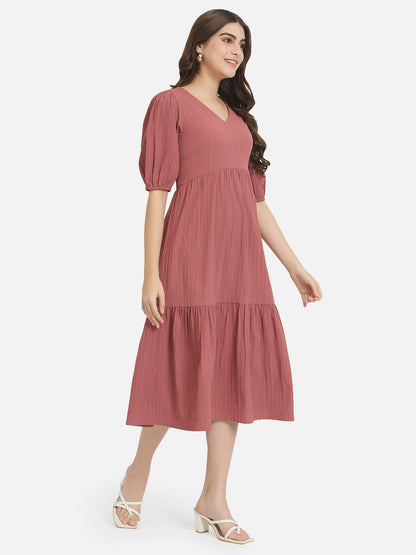 Solid Pink V-Neck Dress for Women