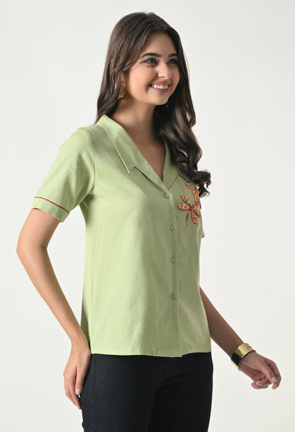 Women’s Green Floral Embroidery Half Sleeve Shirt Style Top
