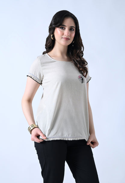 Cream Embroidered Half Sleeve Top for Women