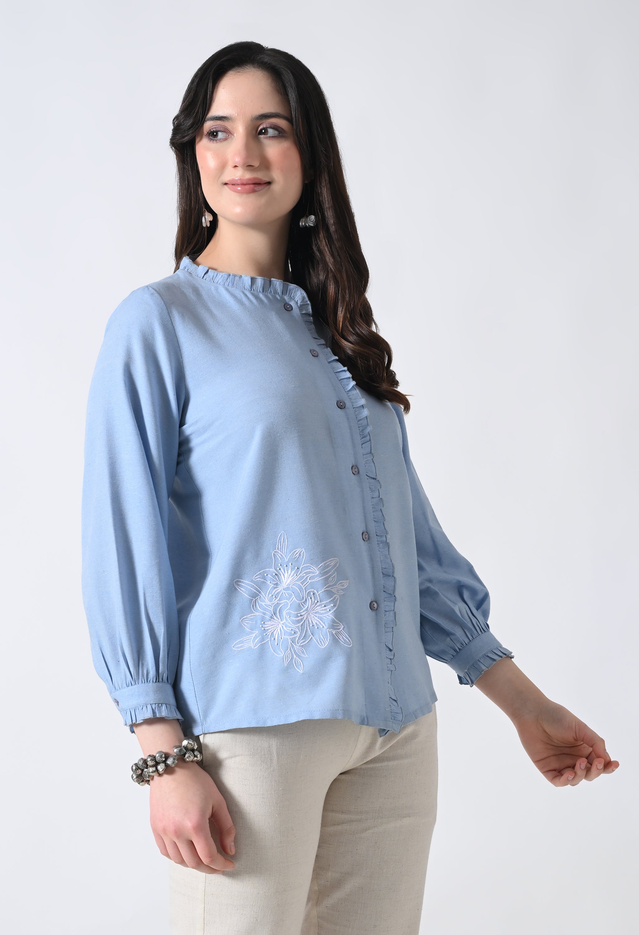 Light Blue Embroidered Shirt Style Top for Women