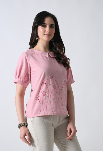 Pink Floral Embroidered Half Sleeve Top for Women