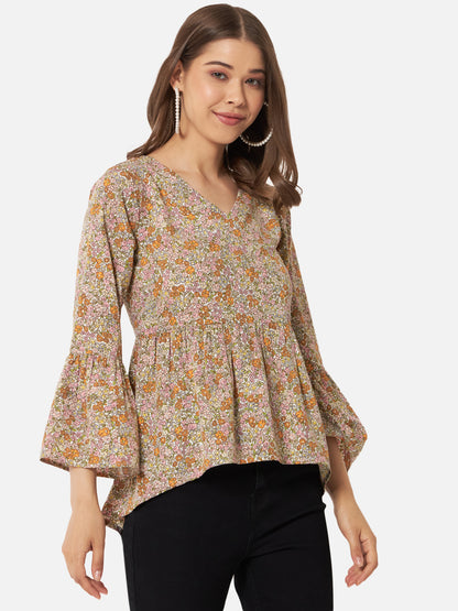 Beige Floral V-Neck Top for Women
