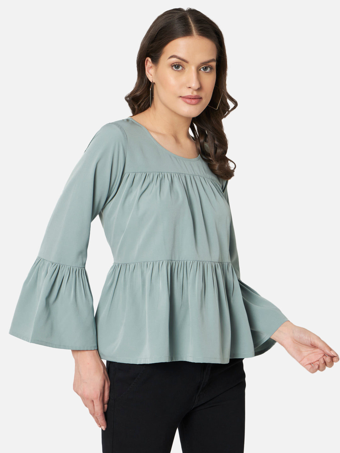 Light Green Solid Round Neck Top for Women