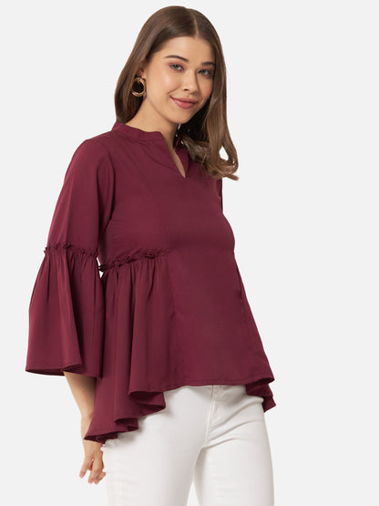 Maroon Solid Bell Sleeve Top for Women