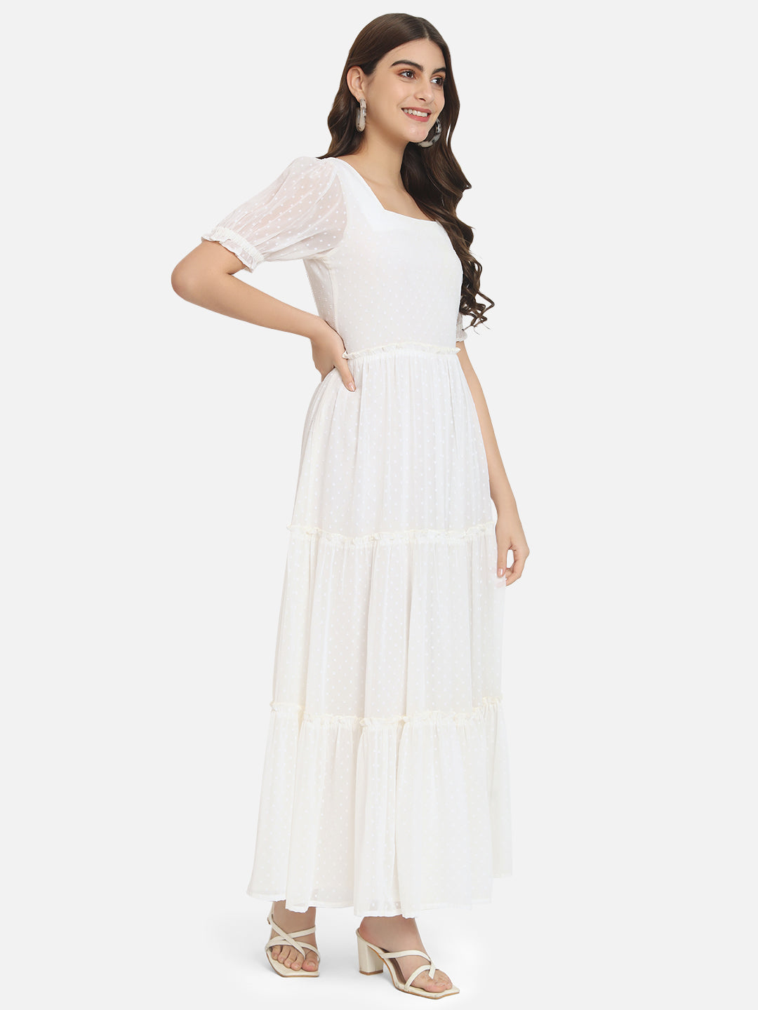 Cream Swiss Dot Half Sleeve Ankle Length Dress for Women