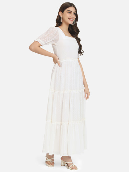 Cream Swiss Dot Half Sleeve Ankle Length Dress for Women