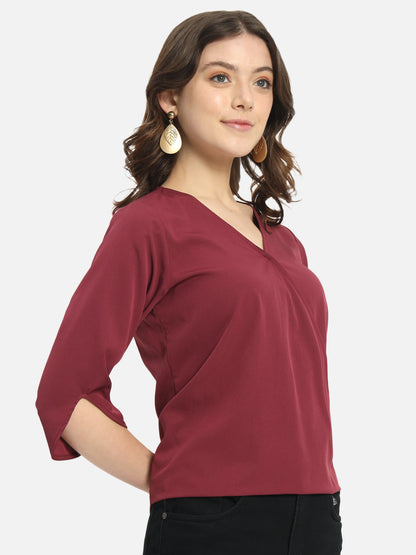 Solid Maroon V-Neck Top for Women