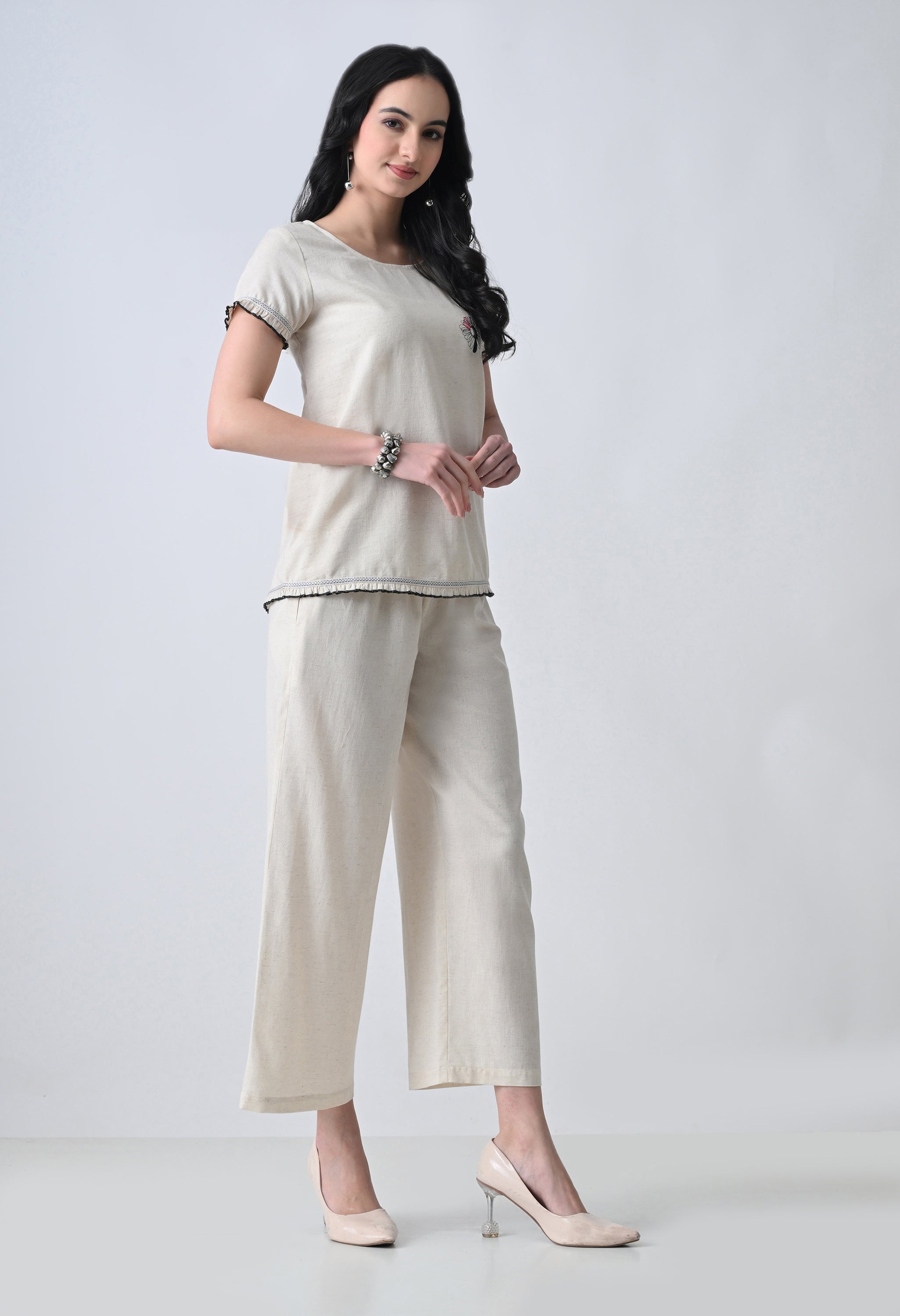 Women’s Cream Floral Embroidery Half Sleeve Top &amp; Palazzo Co-Ord Set