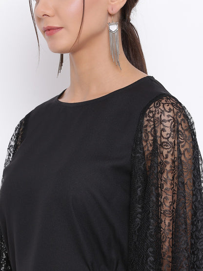 Black Flare Net Sleeve Top for Women
