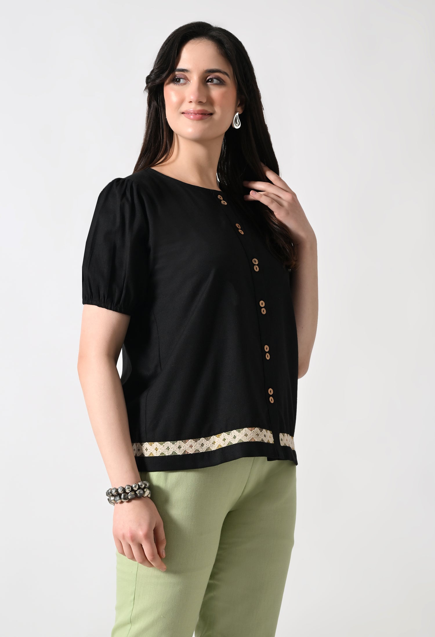 Black Solid Shirt Style Top for Women