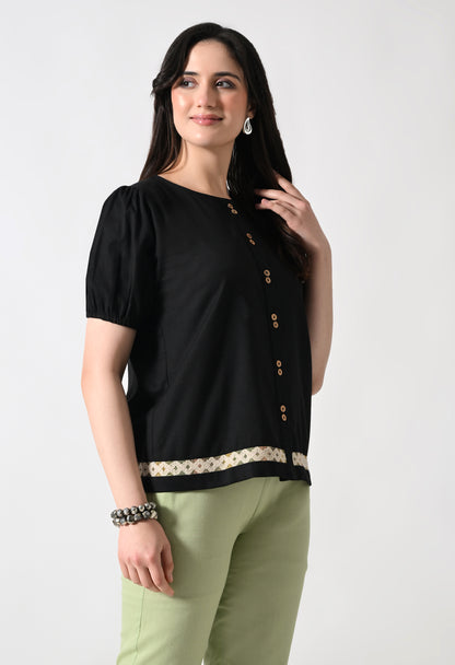 Black Solid Shirt Style Top for Women