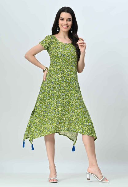 Green Floral Half Sleeve Dress for Women
