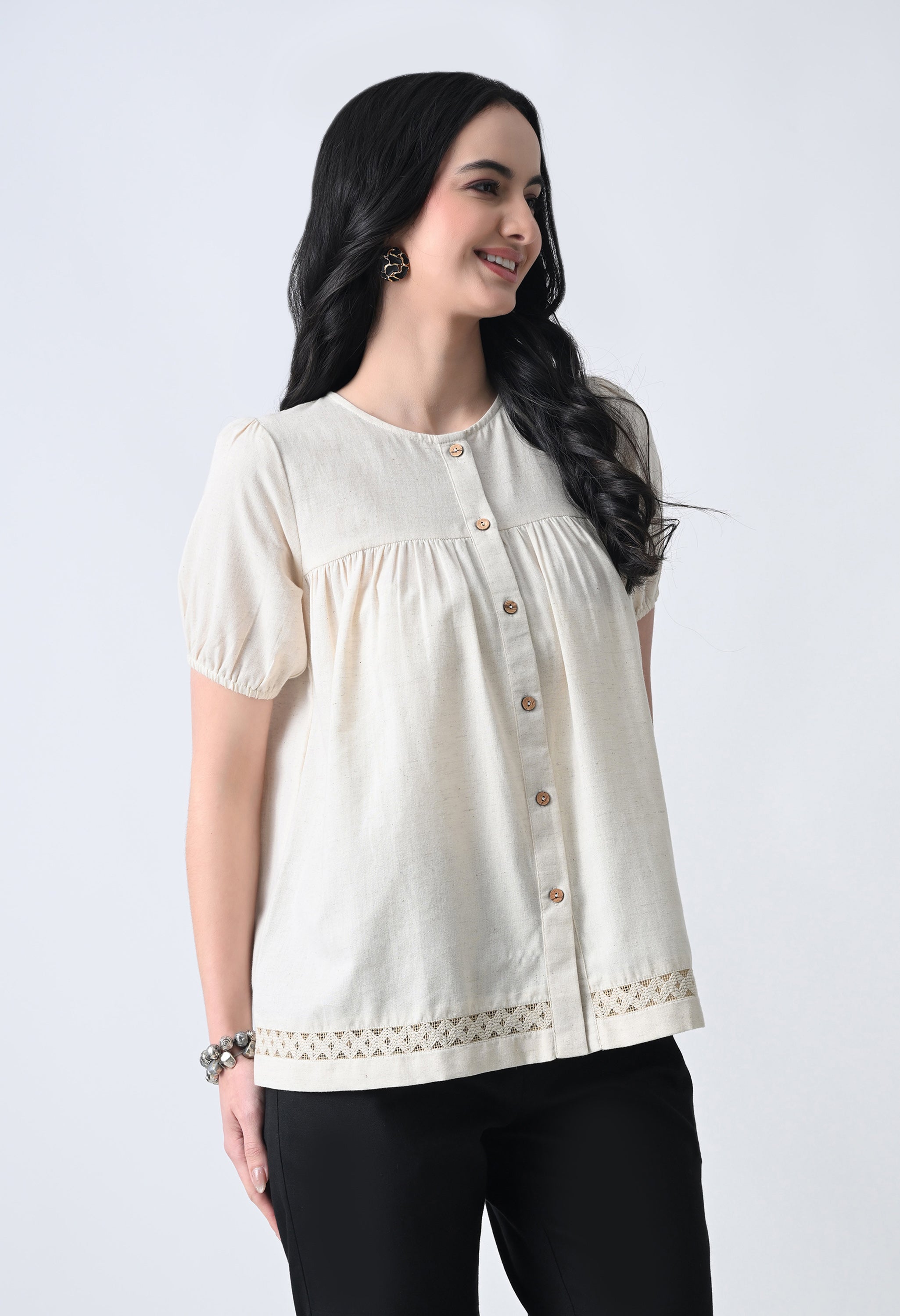 Cream Solid Half Sleeve Shirt Style Top for Women