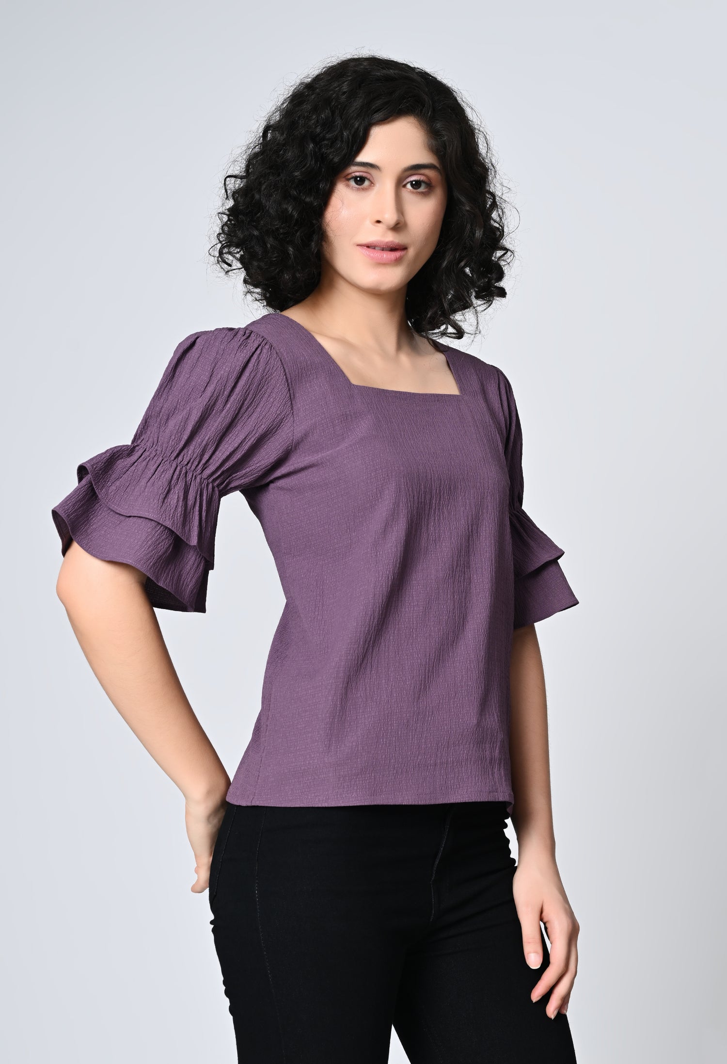 Purple Solid Half Bell Sleeve Top for Women