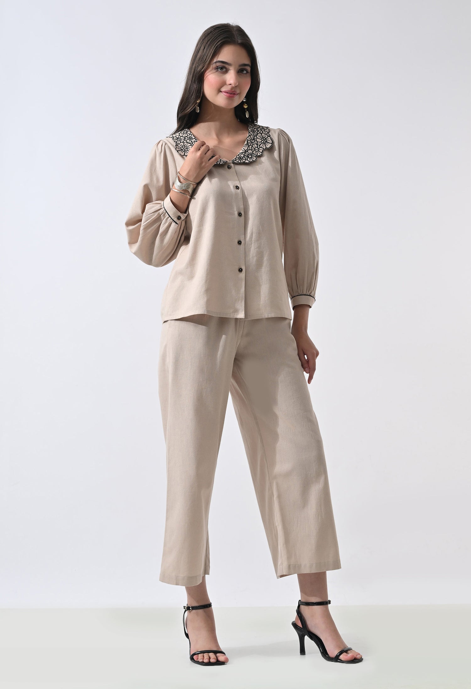 Women’s Beige Floral Embroidery Full Sleeve Top &amp; Palazzo Co-Ord Set