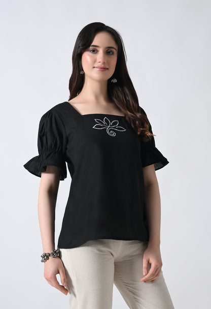 Black Embroidered Bell Sleeve Top for Women