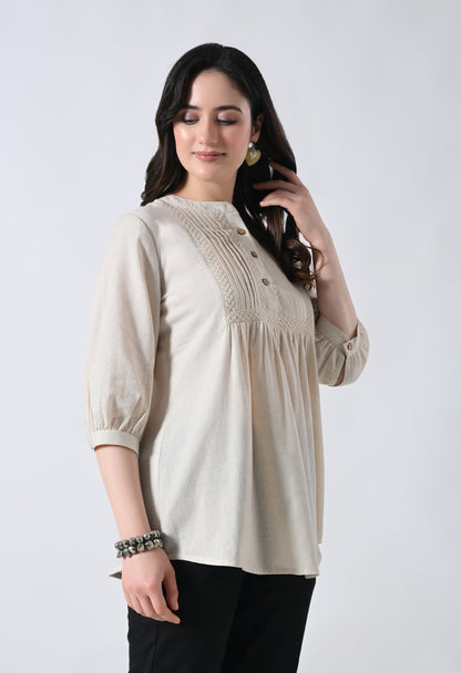 Cream Solid Elbow Sleeve Top for Women
