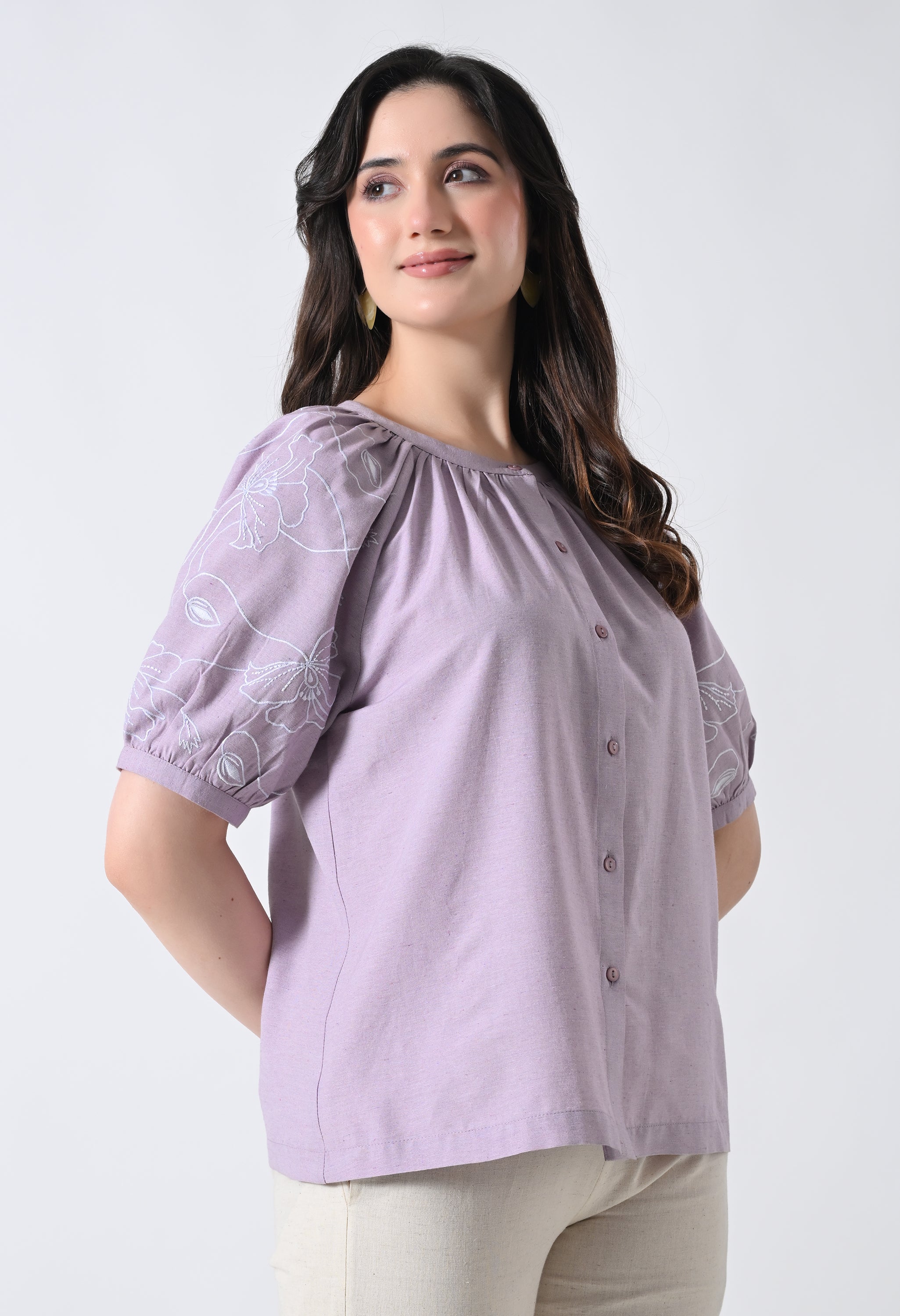 Light Purple Embroidered Half Sleeve Top for Women