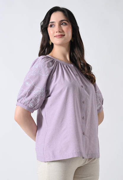 Light Purple Embroidered Half Sleeve Top for Women